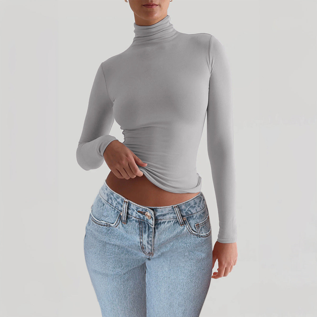 Y2K Turtleneck Fitted Long Sleeve Top – Slim Stretch Basic Layering Tee for Women | Soft Casual Streetwear Essential