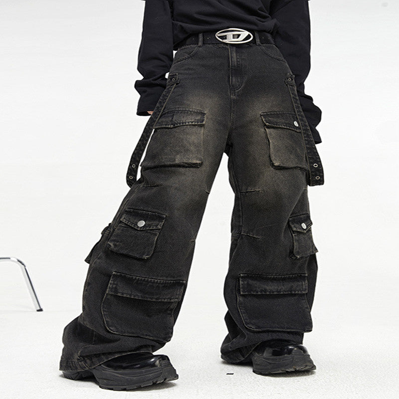 Oversized Baggy Cargo Jeans – Vintage Multi-Pocket Wide Leg Streetwear (Black)