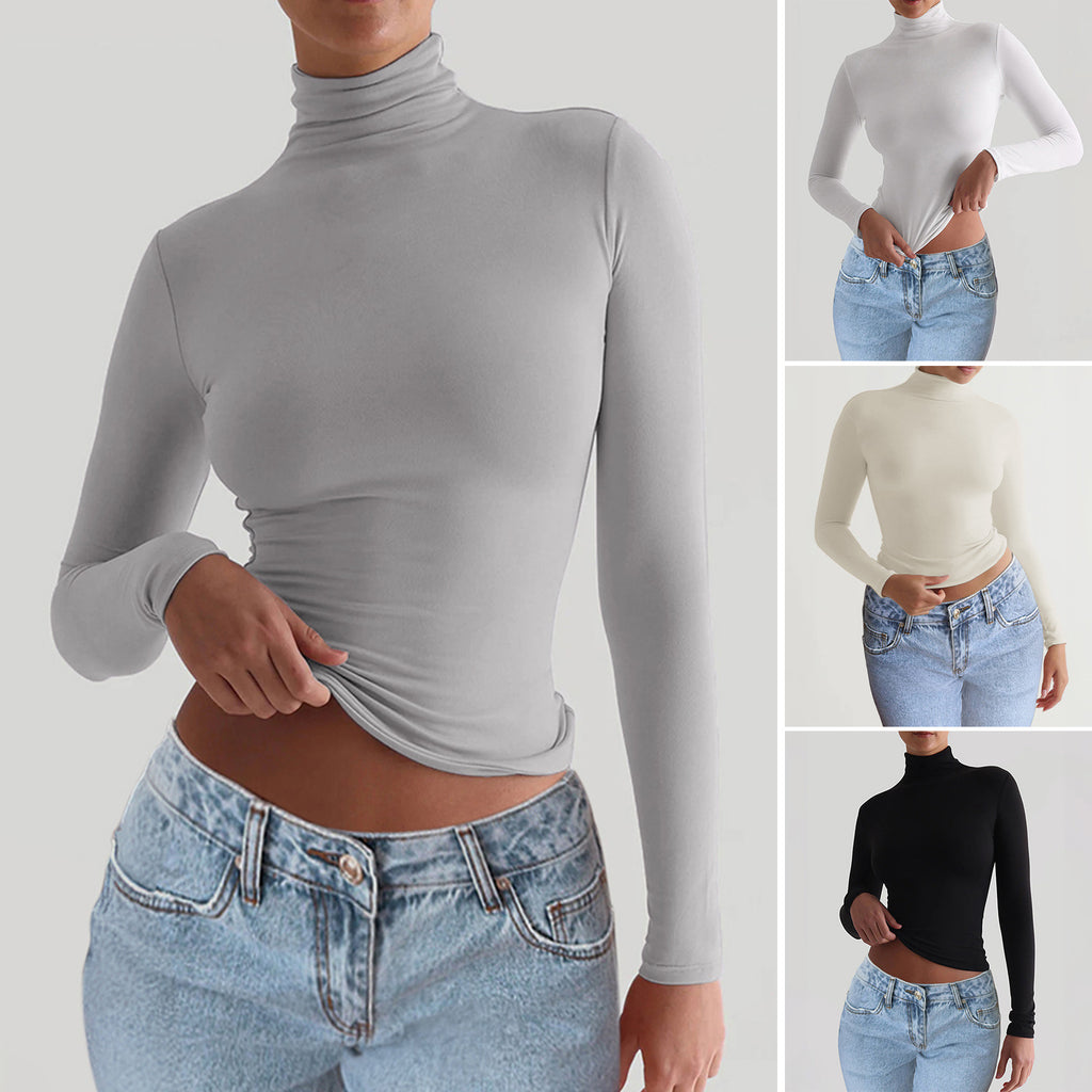 Y2K Turtleneck Fitted Long Sleeve Top – Slim Stretch Basic Layering Tee for Women | Soft Casual Streetwear Essential