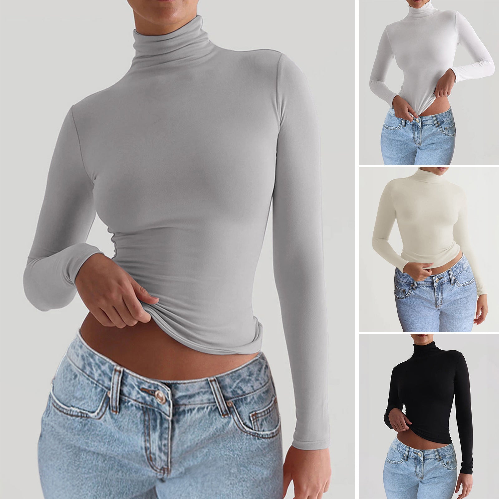 Y2K Turtleneck Fitted Long Sleeve Top – Slim Stretch Basic Layering Tee for Women | Soft Casual Streetwear Essential