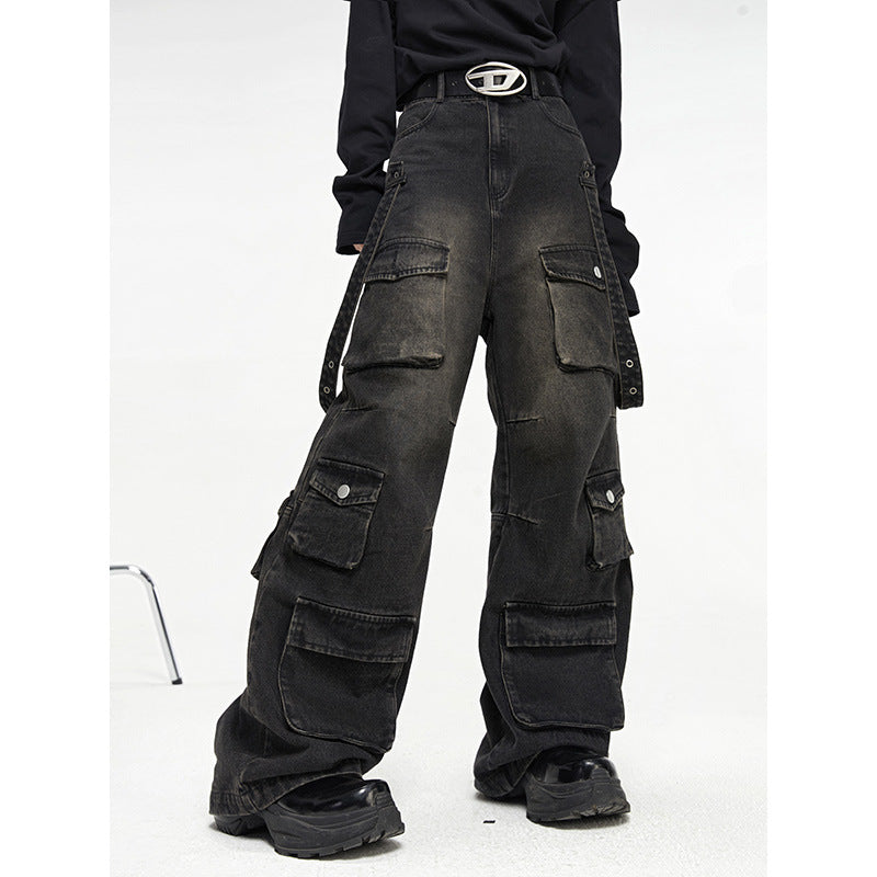 Oversized Baggy Cargo Jeans – Vintage Multi-Pocket Wide Leg Streetwear (Black)