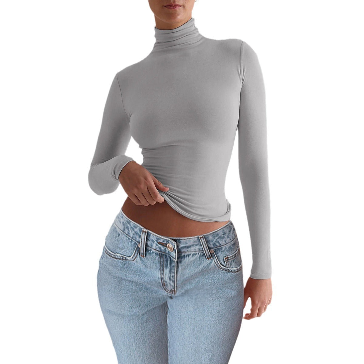 Y2K Turtleneck Fitted Long Sleeve Top – Slim Stretch Basic Layering Tee for Women | Soft Casual Streetwear Essential