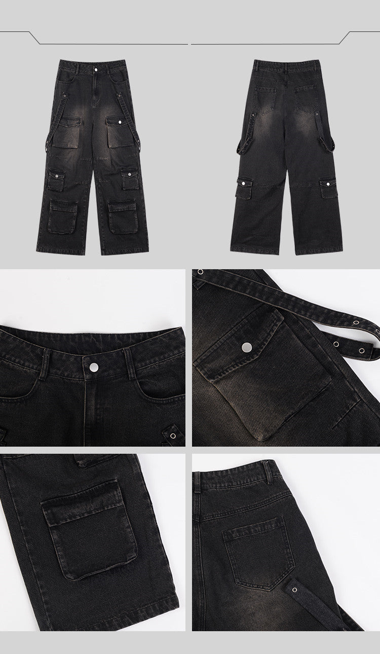 Oversized Baggy Cargo Jeans – Vintage Multi-Pocket Wide Leg Streetwear (Black)