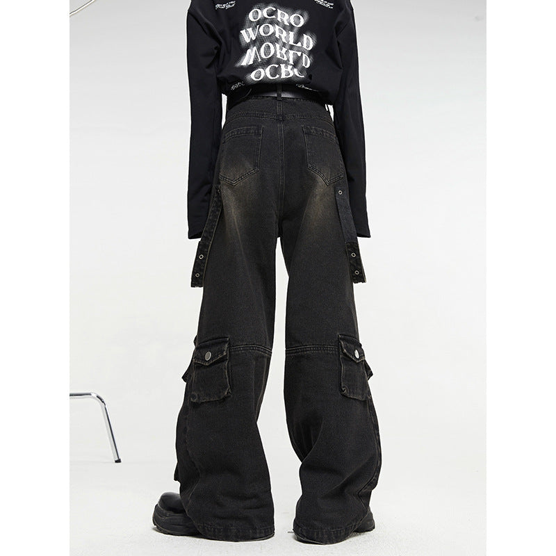 Oversized Baggy Cargo Jeans – Vintage Multi-Pocket Wide Leg Streetwear (Black)