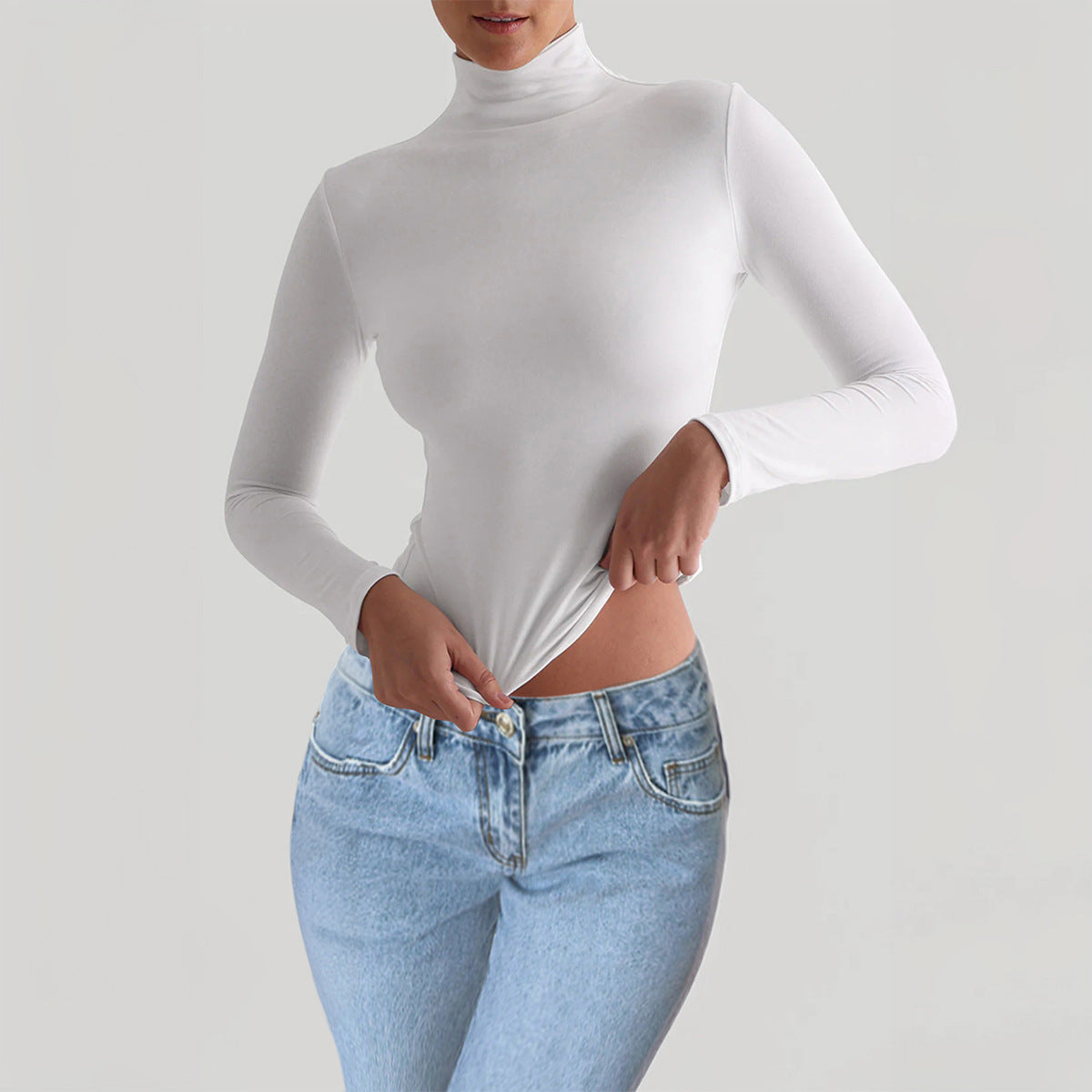 Y2K Turtleneck Fitted Long Sleeve Top – Slim Stretch Basic Layering Tee for Women | Soft Casual Streetwear Essential
