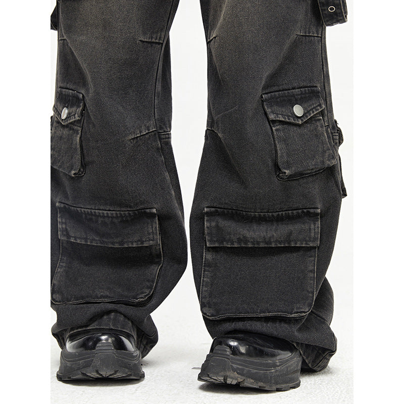 Oversized Baggy Cargo Jeans – Vintage Multi-Pocket Wide Leg Streetwear (Black)