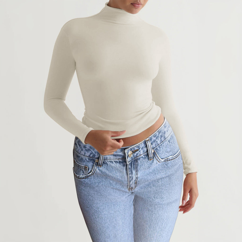 Y2K Turtleneck Fitted Long Sleeve Top – Slim Stretch Basic Layering Tee for Women | Soft Casual Streetwear Essential