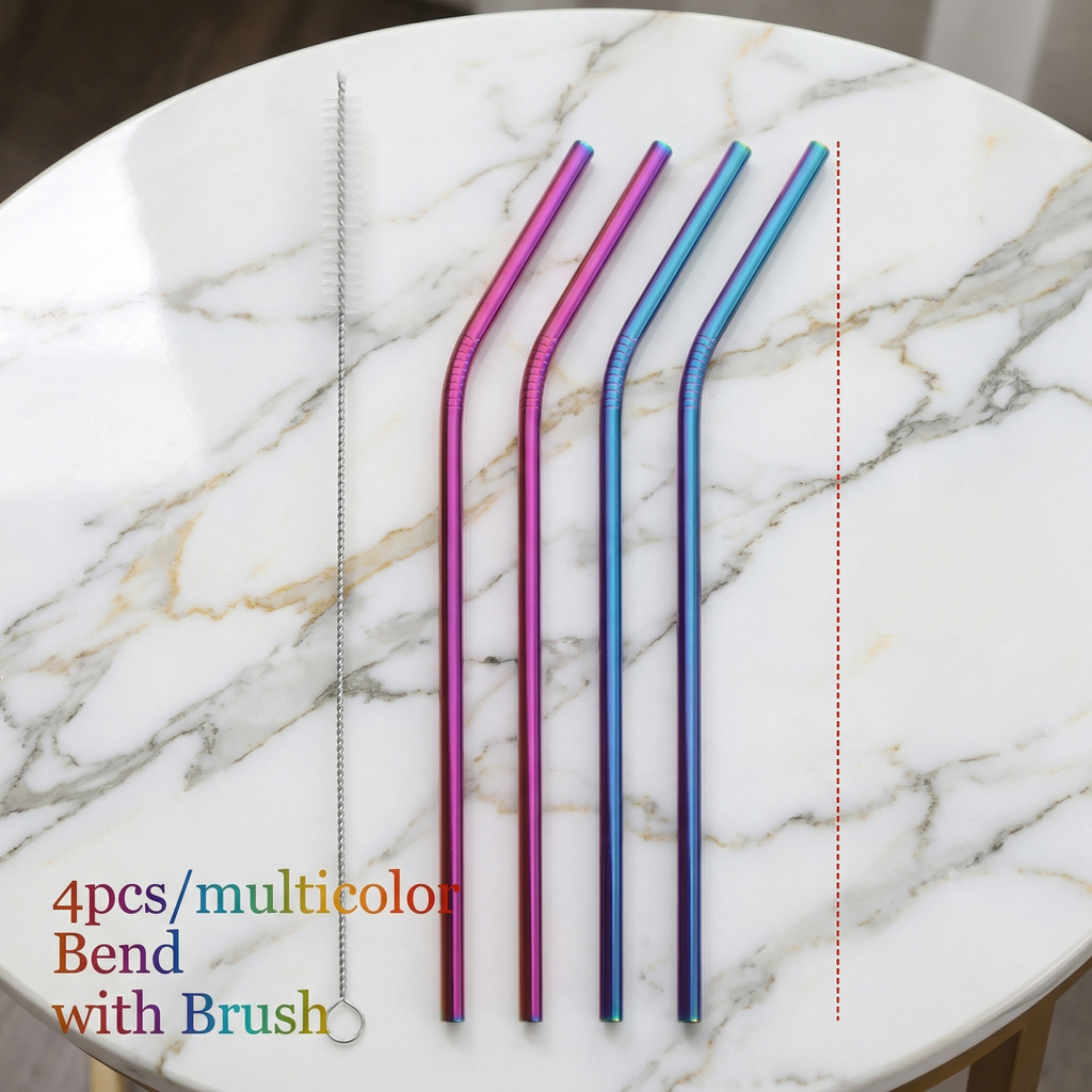 Colorful Stainless Steel Reusable Straw Set (4-Pack) – Eco-Friendly Metal Straws with Cleaning Brush