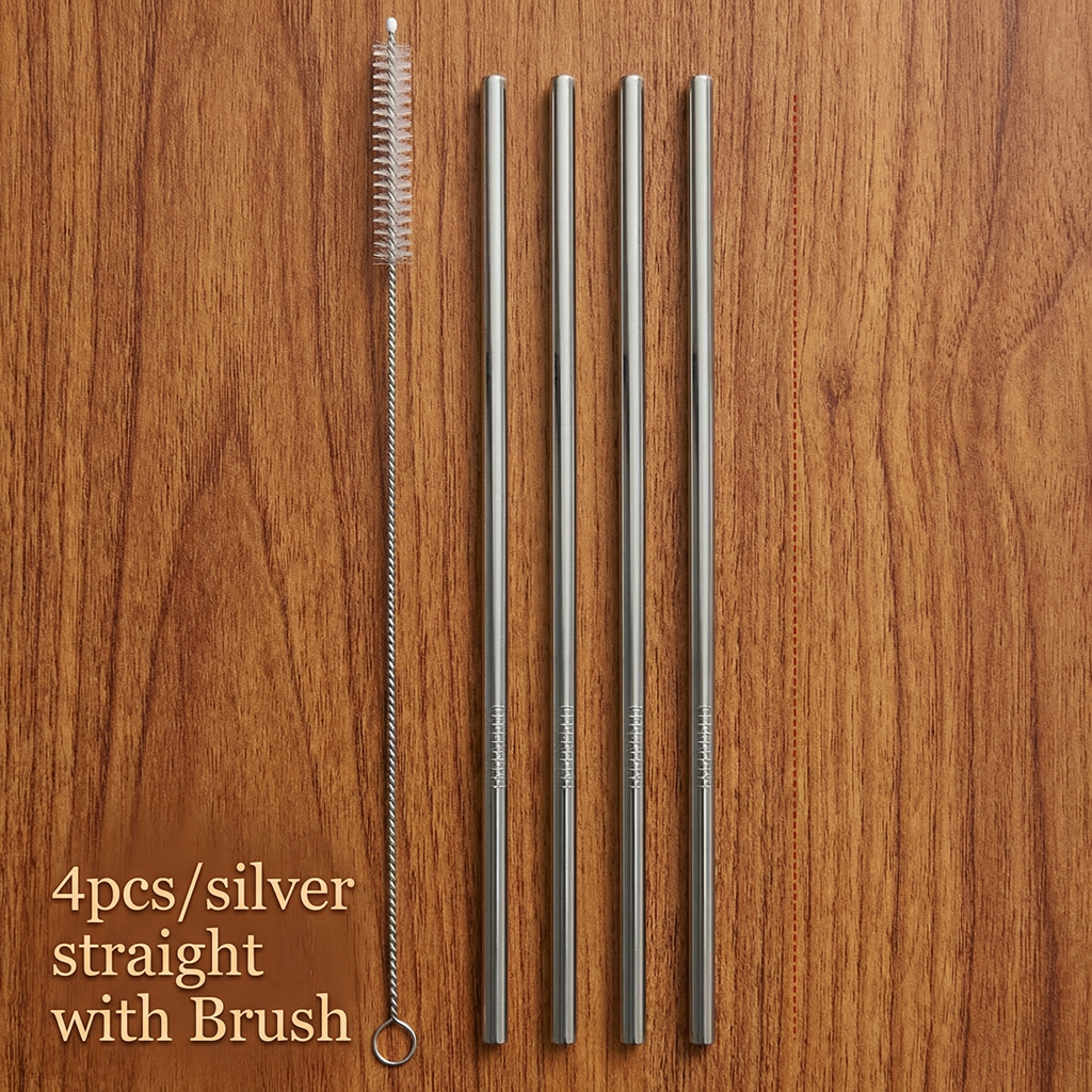 Colorful Stainless Steel Reusable Straw Set (4-Pack) – Eco-Friendly Metal Straws with Cleaning Brush