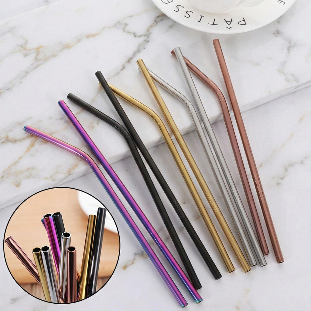 Colorful Stainless Steel Reusable Straw Set (4-Pack) – Eco-Friendly Metal Straws with Cleaning Brush