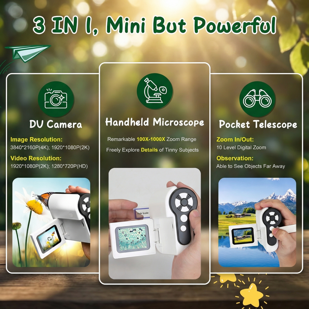 3-In-1 Explorer Camera  Microscope • Telescope • Video Recorder (32GB Included) For Curious Kids 6+